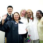 Lisa Winters and Eileen Scroggins, with Judge Doris Ling-Cohan, Lt. Dan Choi and a city staffer who congratulated them